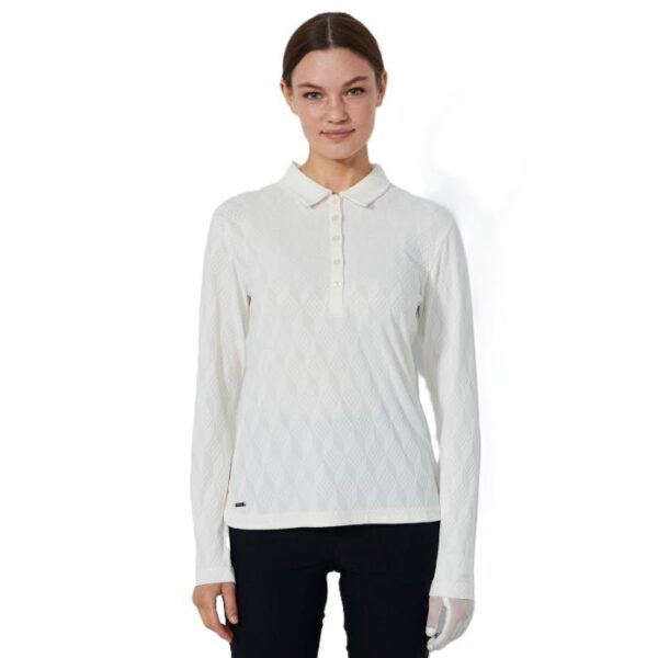 Graphic Jaquard Long Sleeve Polo, Ivory