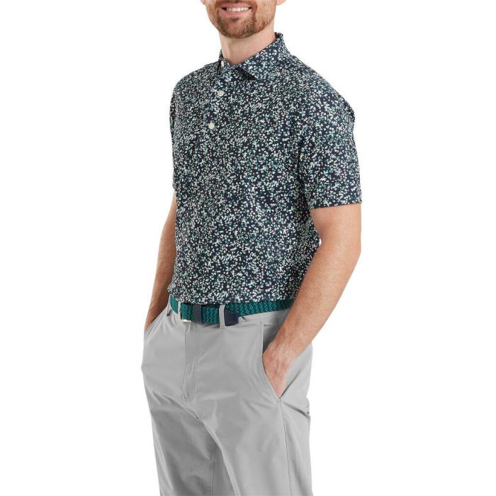 Watercolour Floral Print Pique Polo, Navy/Sunshine/Field Green - Afbeelding 2
